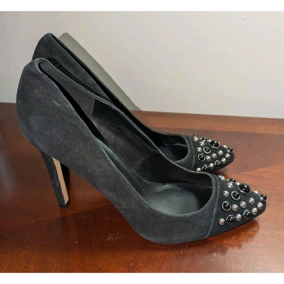 Karl Lagerfeld Paris Black Suede Stiletto Pearl Studded Heels Women Size 8.5 - Picture 5 of 10